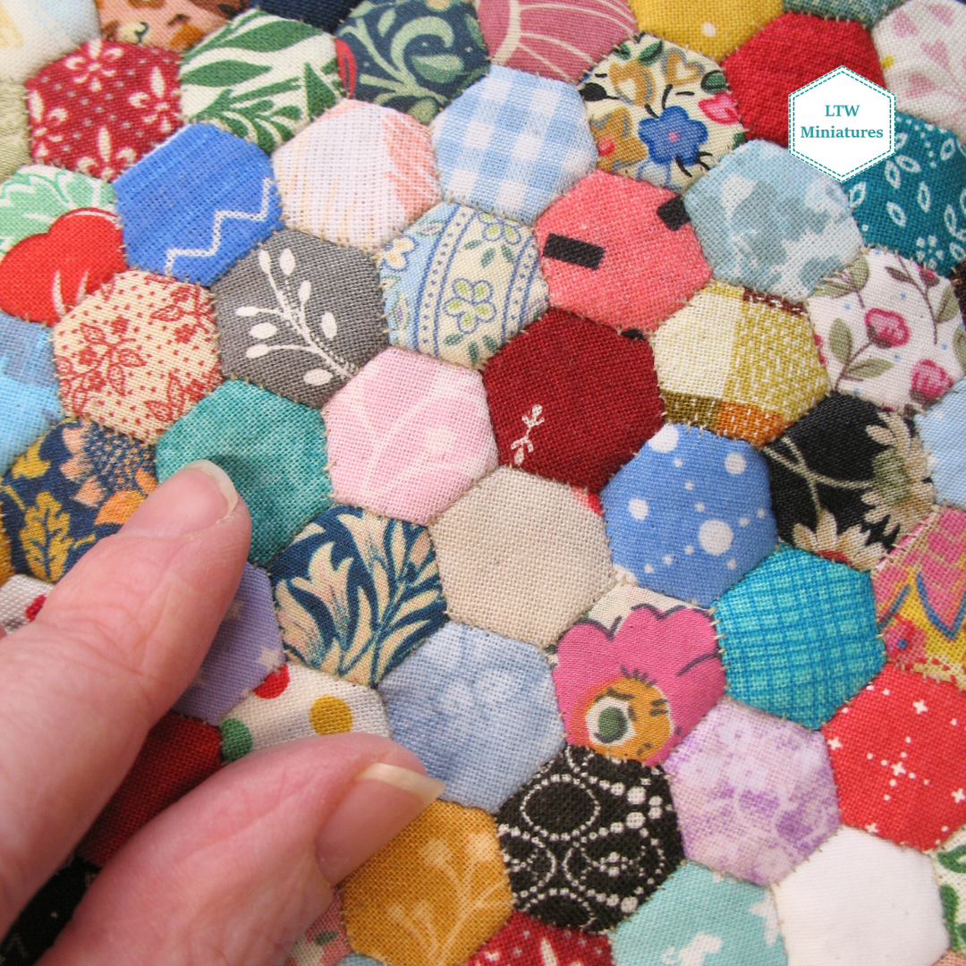 Scrappy 3/8" Hexies Single Quilt and Pillows for 1:12 Dollhouse