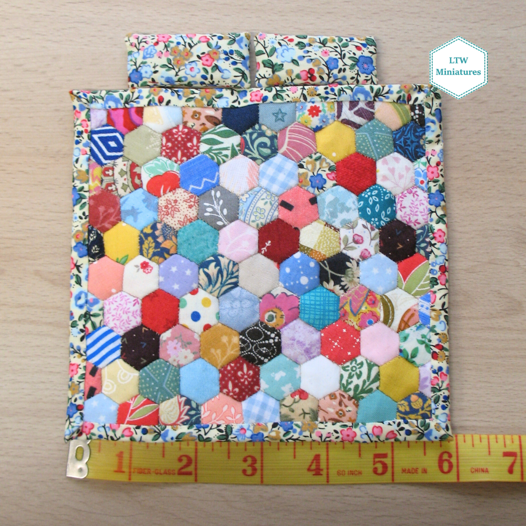 Scrappy 3/8" Hexies Single Quilt and Pillows for 1:12 Dollhouse