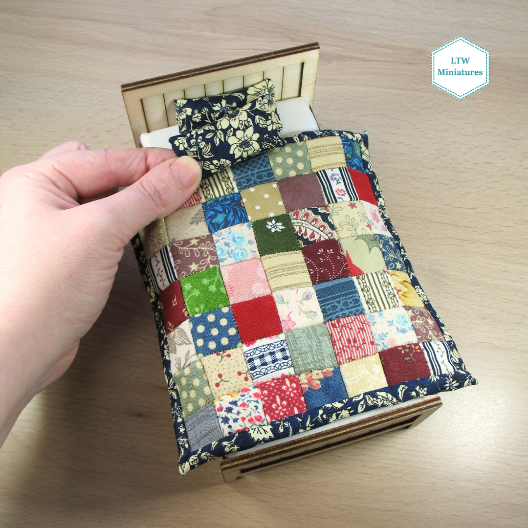 Scrappy Squares Single Quilt and Pillows for 1:12 Dollhouse