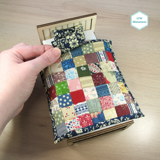 Scrappy Squares Single Quilt and Pillows for 1:12 Dollhouse