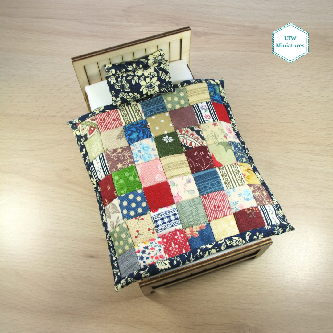 Scrappy Squares Single Quilt and Pillows for 1:12 Dollhouse