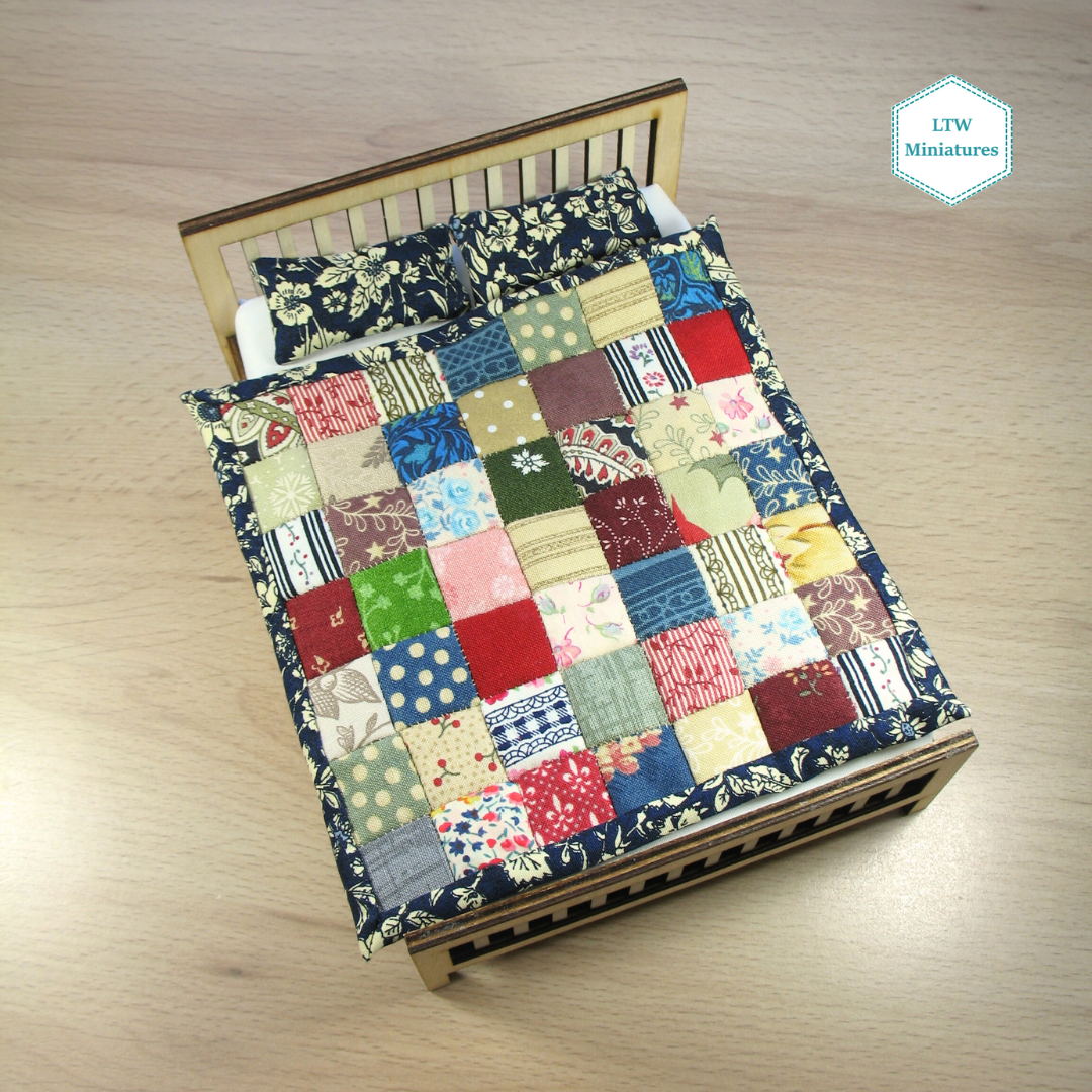 Scrappy Squares Single Quilt and Pillows for 1:12 Dollhouse