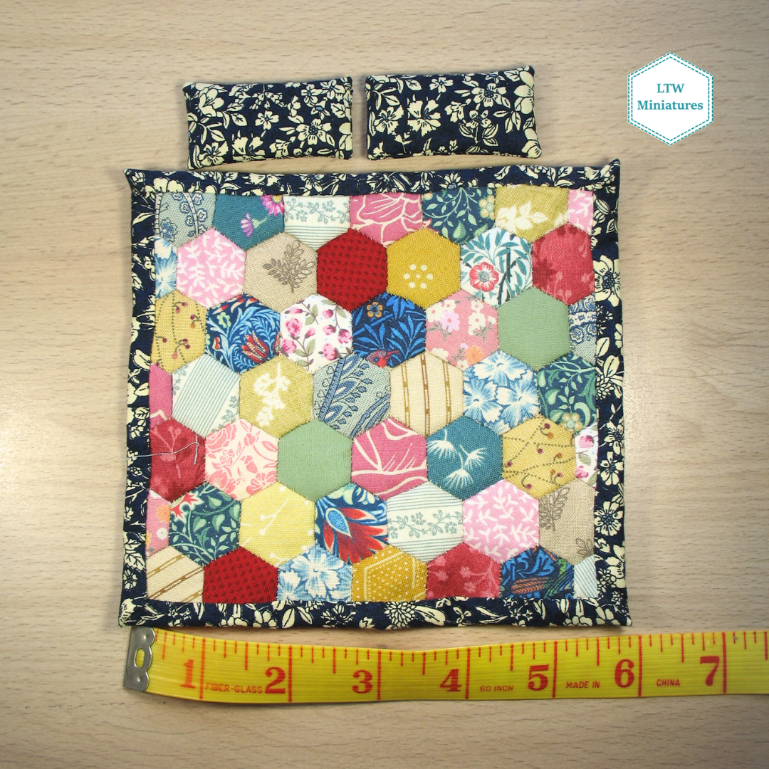 Scrappy Hexies Single Quilt and Pillows for 1:12 Dollhouse