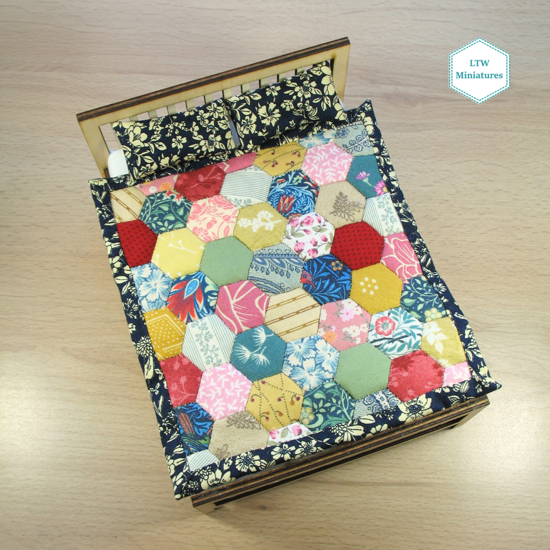 Scrappy Hexies Single Quilt and Pillows for 1:12 Dollhouse