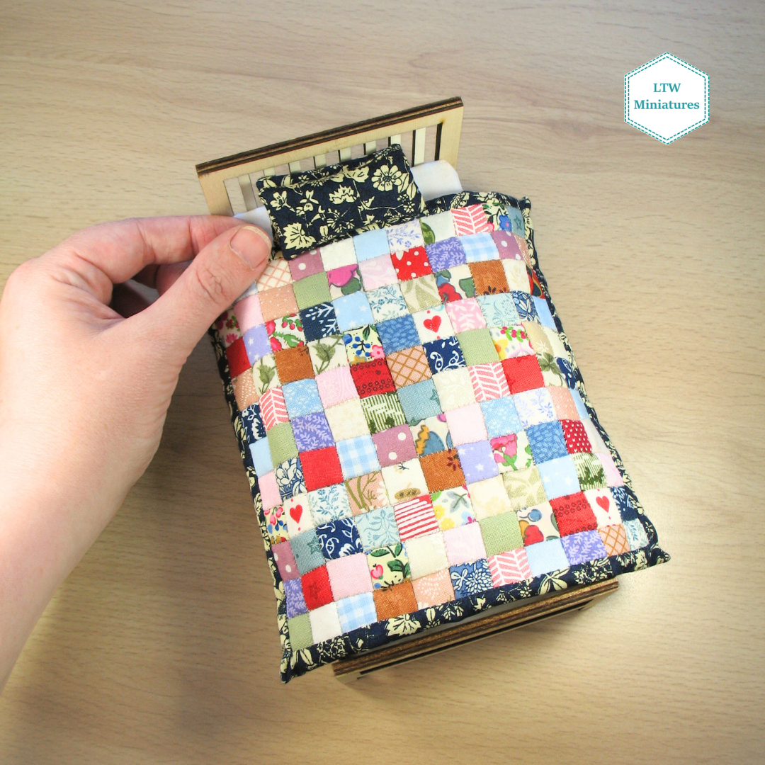 Squares and Hearts Double Quilt and Pillows for 1:12 Dollhouse