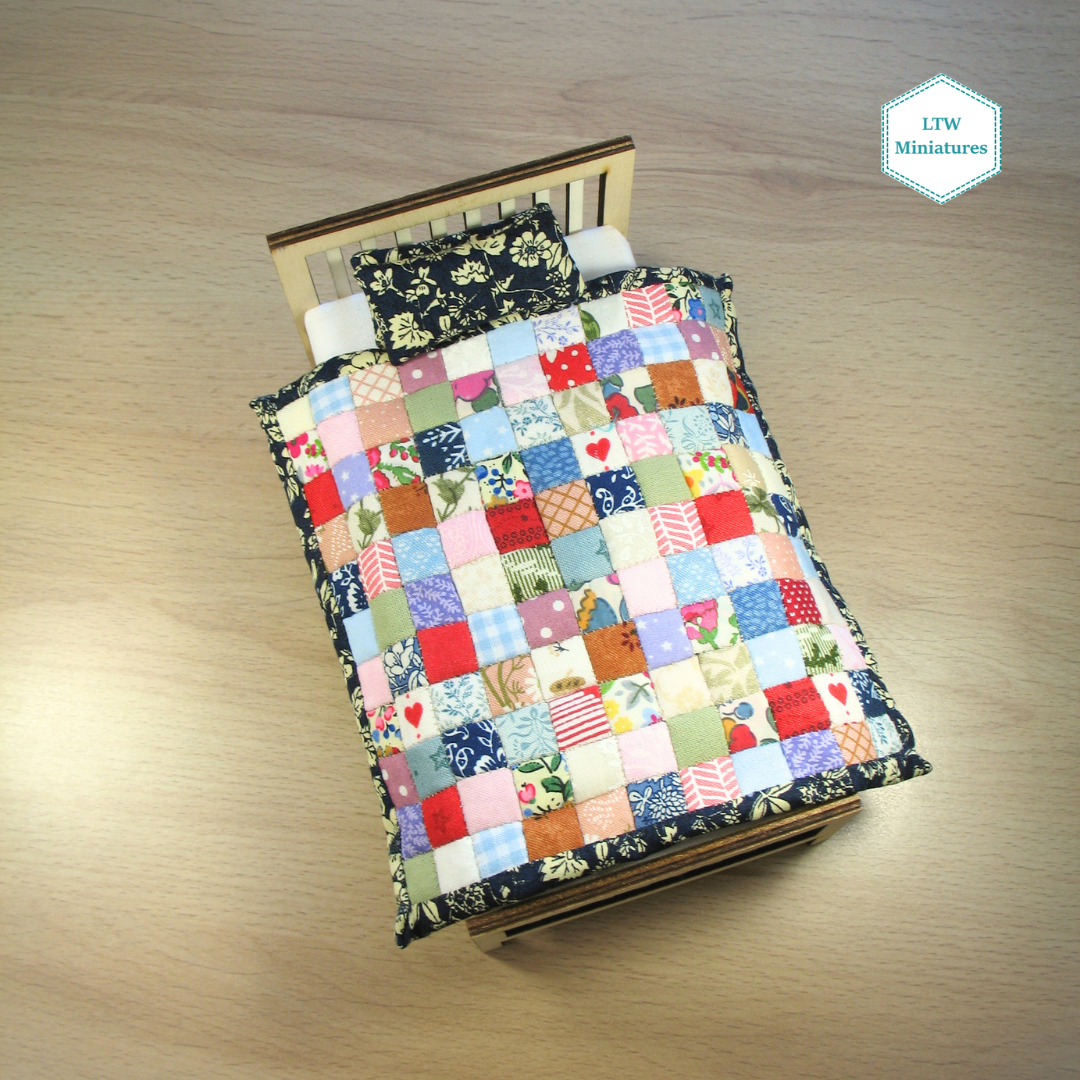 Squares and Hearts Double Quilt and Pillows for 1:12 Dollhouse