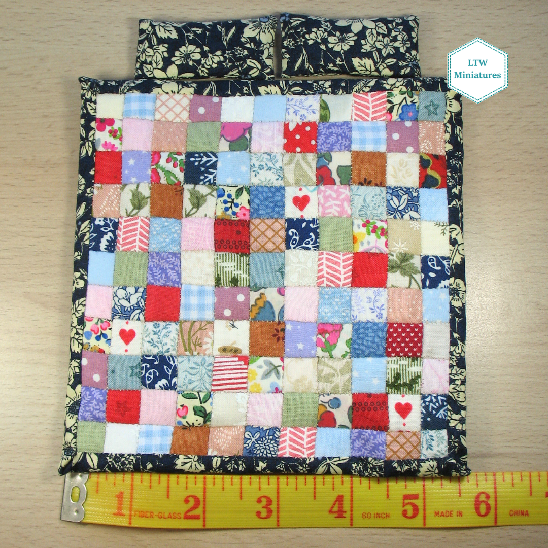 Squares and Hearts Double Quilt and Pillows for 1:12 Dollhouse