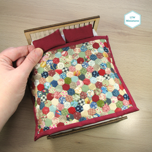Scrappy Hexies Double Quilt and Pillows for 1:12 Dollhouse