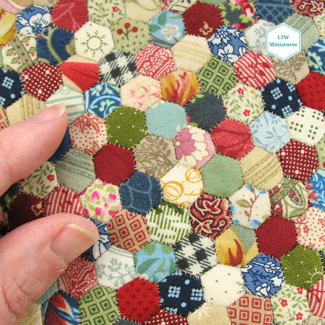 Scrappy Hexies Double Quilt and Pillows for 1:12 Dollhouse