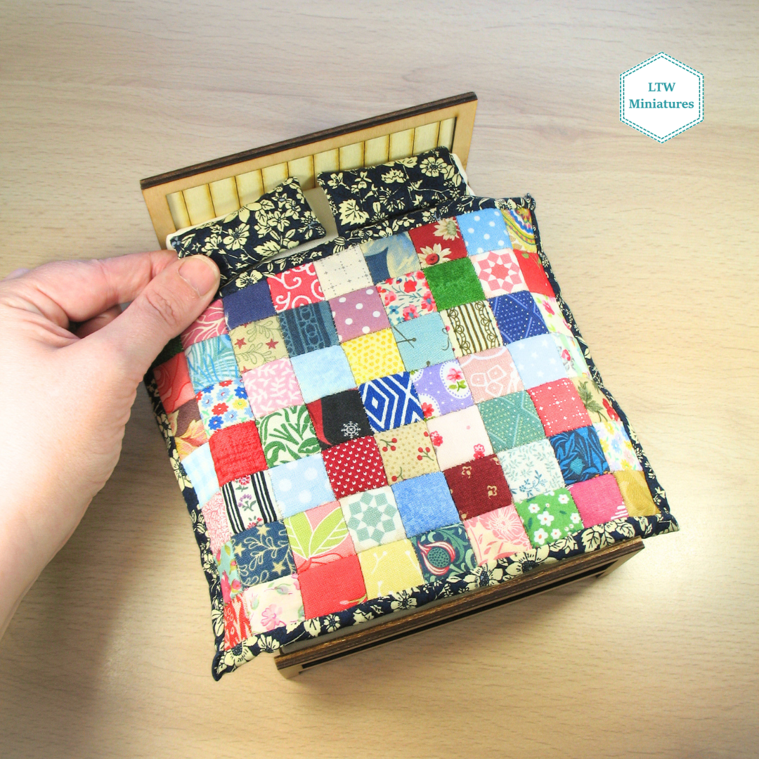 Scrappy Squares Double Quilt and Pillows for 1:12 Dollhouse