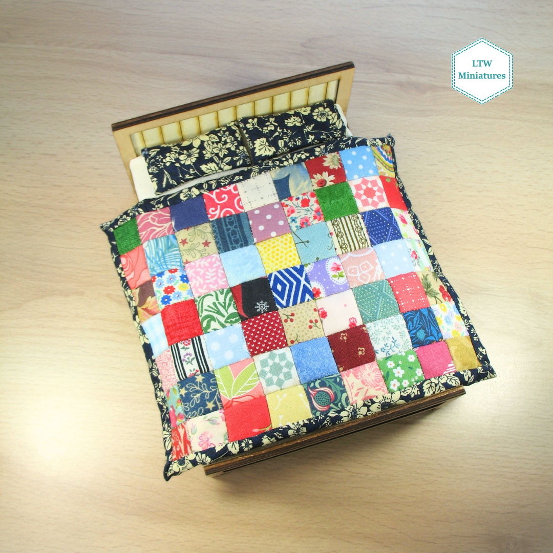 Scrappy Squares Double Quilt and Pillows for 1:12 Dollhouse