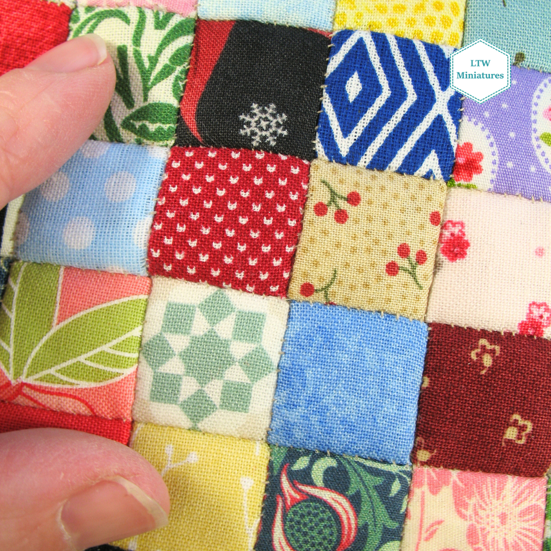 Scrappy Squares Double Quilt and Pillows for 1:12 Dollhouse