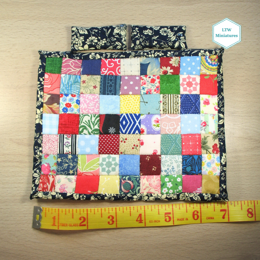Scrappy Squares Double Quilt and Pillows for 1:12 Dollhouse
