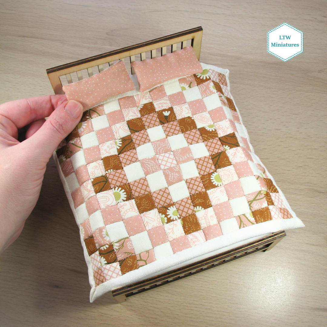 Cream and Terracotta Squares Dollhouse Miniature Quilt - 1:12 Scale