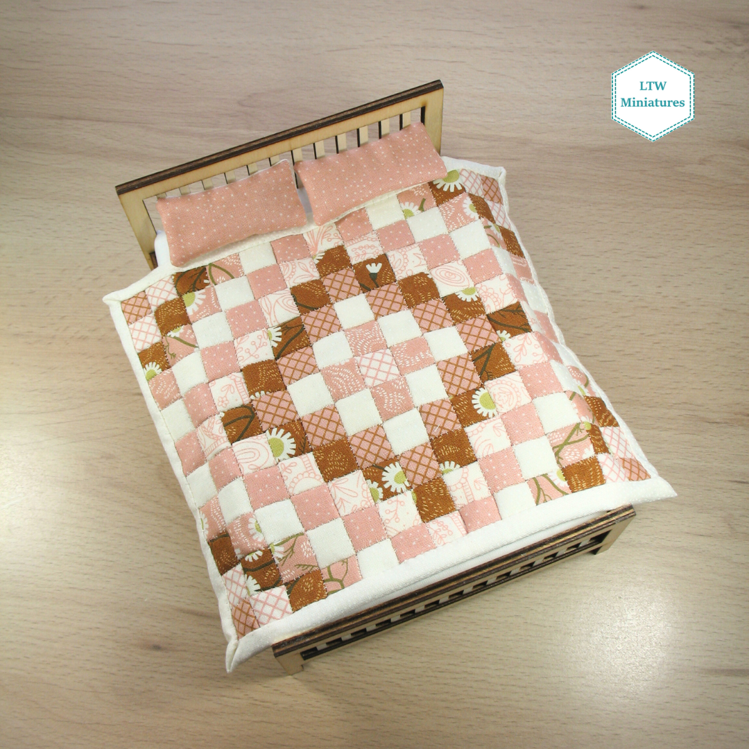 Cream and Terracotta Squares Dollhouse Miniature Quilt - 1:12 Scale