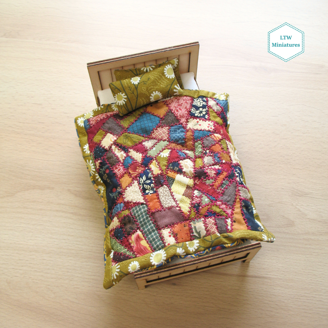 Victorian Crazy Quilt - Single Quilt and Pillows for 1:12 Dollhouse