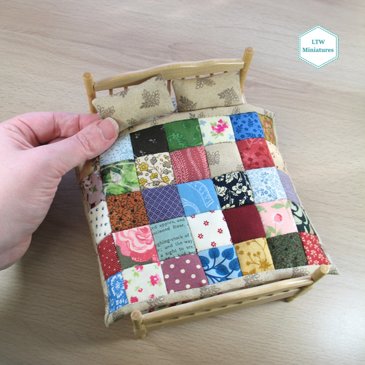 Scrappy 1" Squares Double Quilt and Pillows for 1:12 Dollhouse